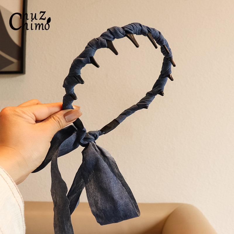 初之沫韩系牛仔蓝飘带齿梳发箍