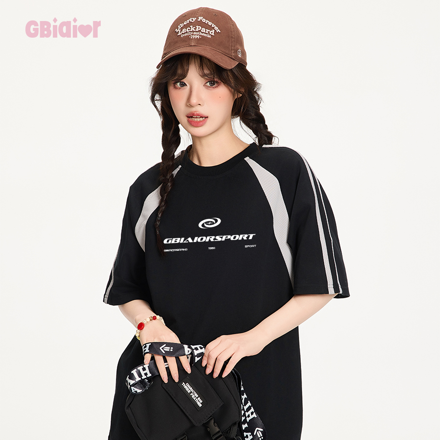 Gbiaior美式复古撞色字母印花T恤
