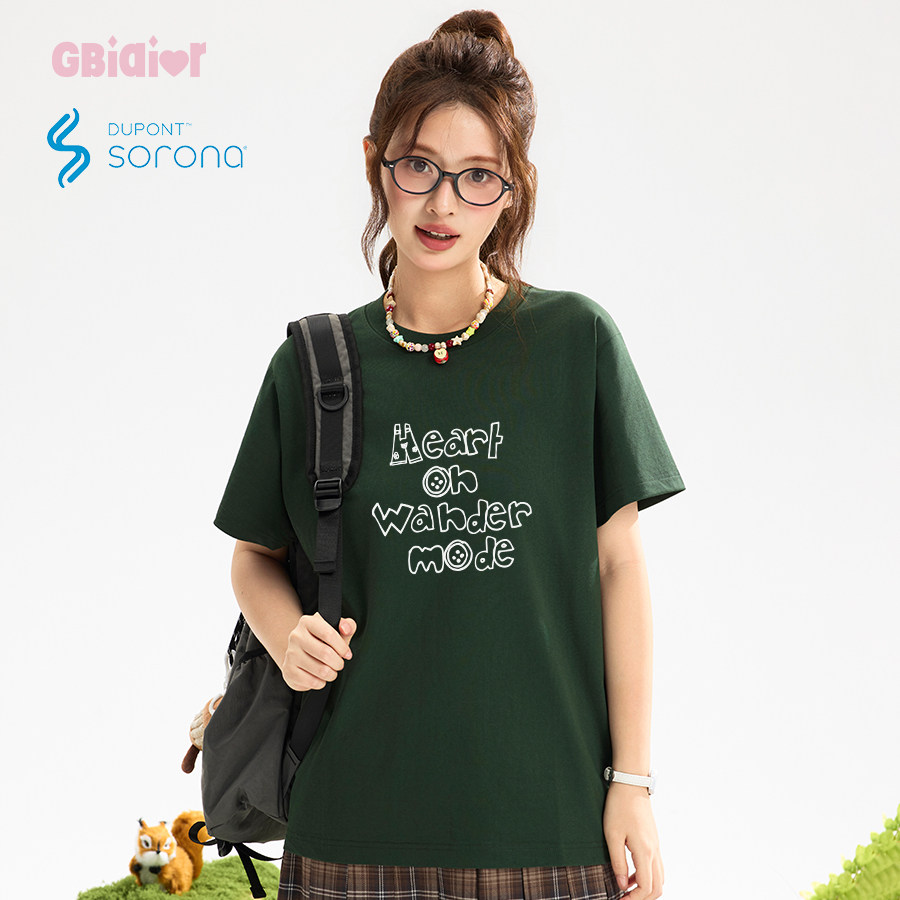 Gbiaior橄榄绿显白可爱字母印花短袖T恤女索罗娜凉感百搭休闲上衣 - 实物图