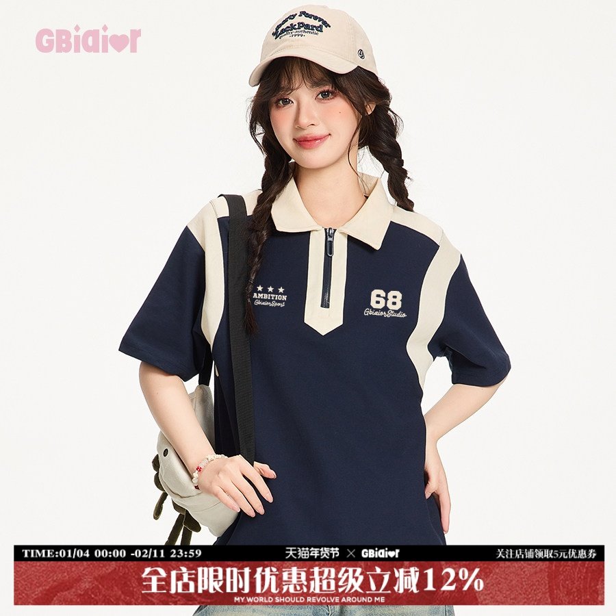Gbiaior2025新款美式复古polo衫短袖t恤女潮牌夏季透气学院风上衣,女装/女士精品,POLO衫,淘宝优惠券,粉丝福利购,淘宝优惠卷