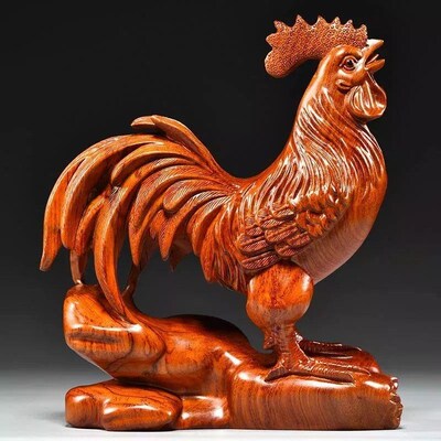 速发花十木雕红鸡摆件梨二生肖大家居客厅办公室装迁开业乔饰送礼