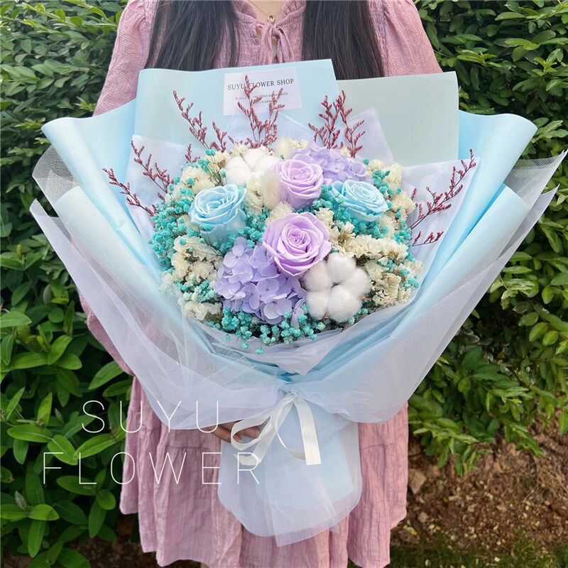 速发玫瑰花棉花满天星永生花白纱干花束礼盒母亲节教师节送人表白