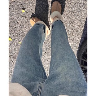 速发浅色直筒牛仔裤松码宽大裤子材形身梨高腰窄版阔腿裤