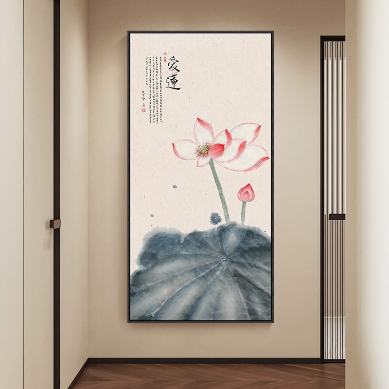 新中式荷花玄关装饰画入户正对门走廊壁画手绘简约客厅背景墙挂画图片