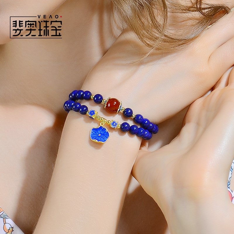 6mm双层手链女士串珠青金石手串天然水晶玛瑙珠子链复古银饰礼物