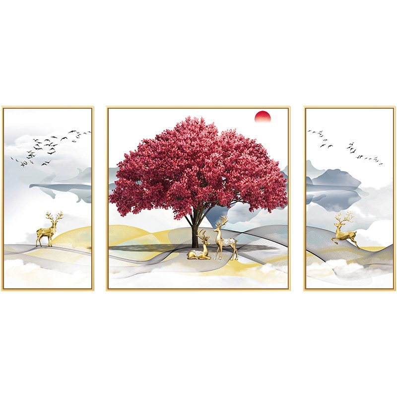新中式客厅三联装饰画沙发背景墙发财树招财风水轻奢现代简约挂画图片