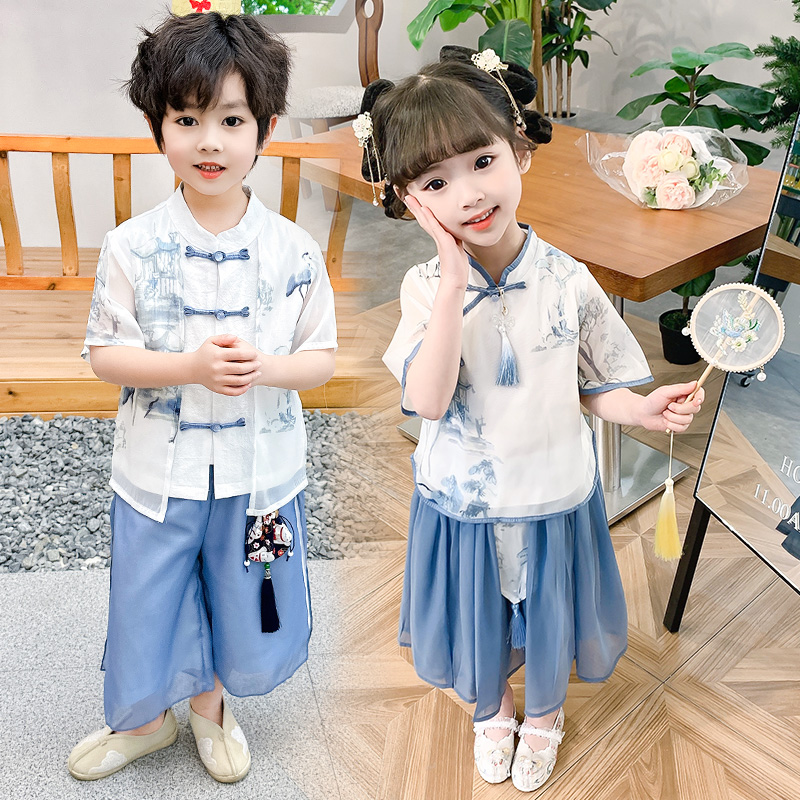 女童汉服夏装儿童古筝舞蹈古装唐装超仙水墨中国风男童民族演出服