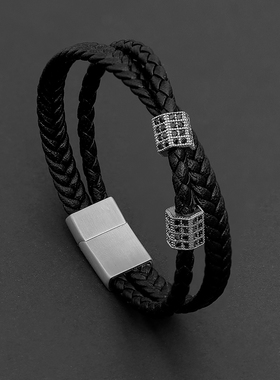 黑色手绳磁吸扣手錬男高级感皮质编织男生小众设计嘻哈潮情侣学生