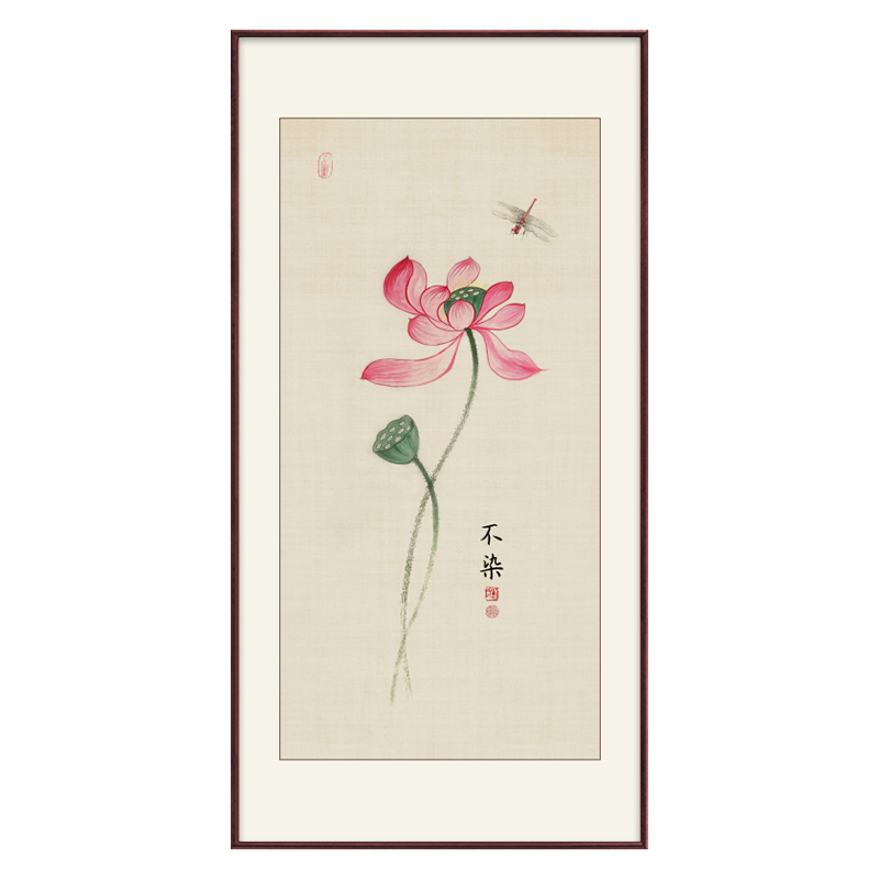 禅意荷花进门入户玄关装饰画新中式走廊过道实木黄杨木复古风挂画图片