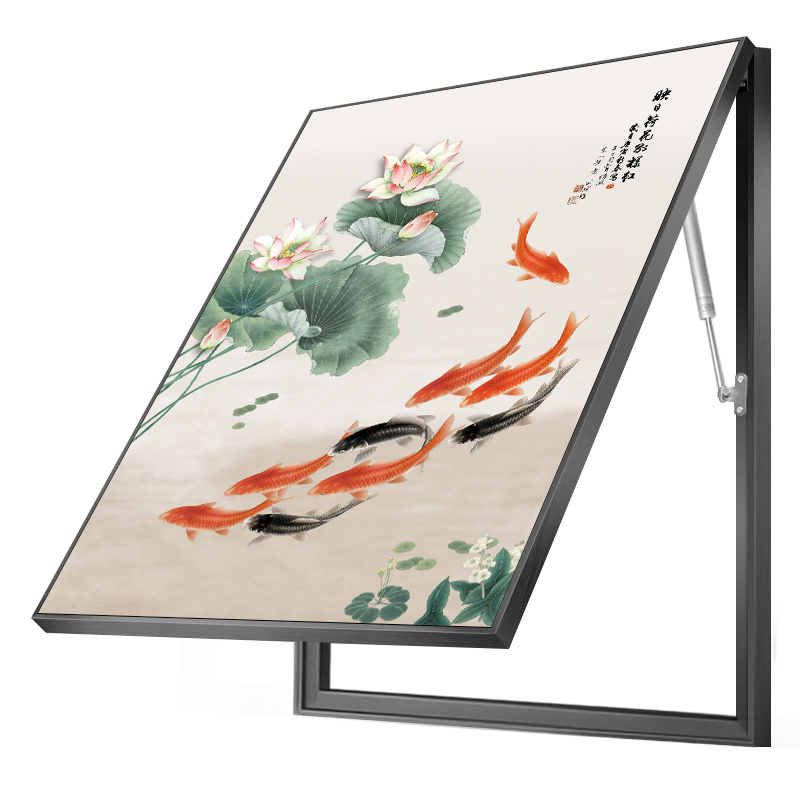 新中式荷花九鱼图电表箱装饰画可推拉液压免打孔遮挡电闸盒配电箱图片