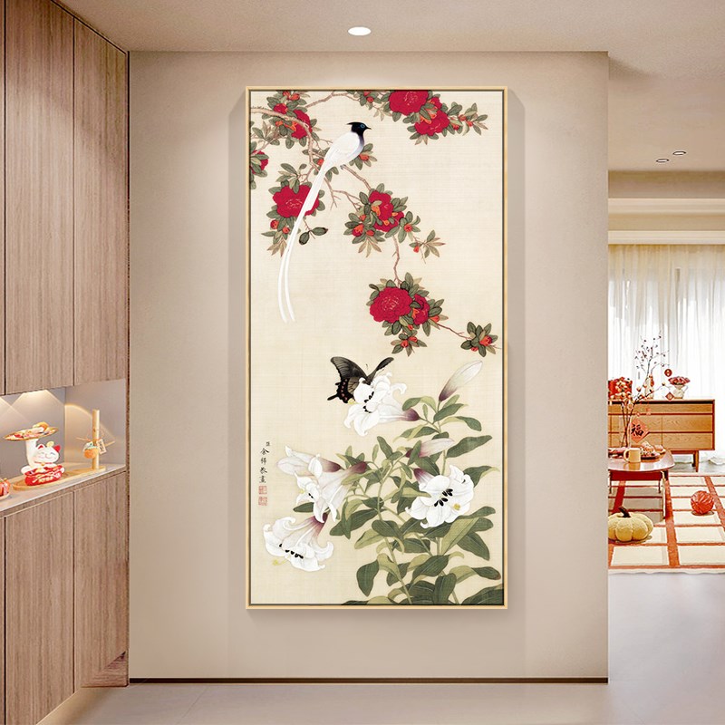新中式玄关装饰画竖版花鸟工笔挂画中国风荷花客厅走廊楼梯墙壁画图片