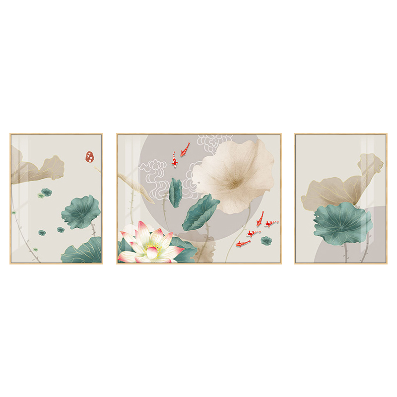 荷花新中式客厅装饰画三联组合沙发背景墙挂画中国风书房茶室壁画图片