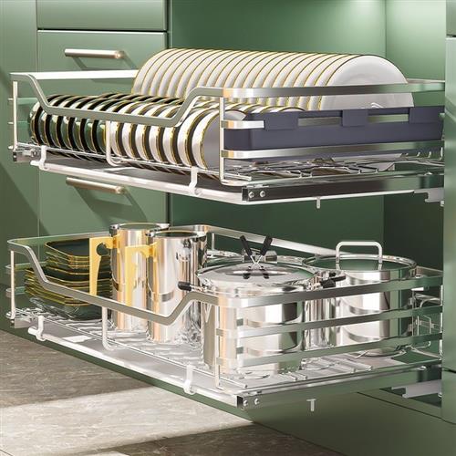 拉篮厨房整体橱柜双层抽屉式碗架不锈钢调味篮?具车碗碟碗篮柜体