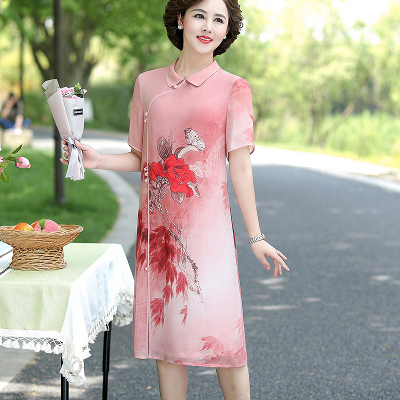 母亲节衣服妈妈夏装真丝连衣裙过膝50岁中老年女改良旗袍裙子夏天