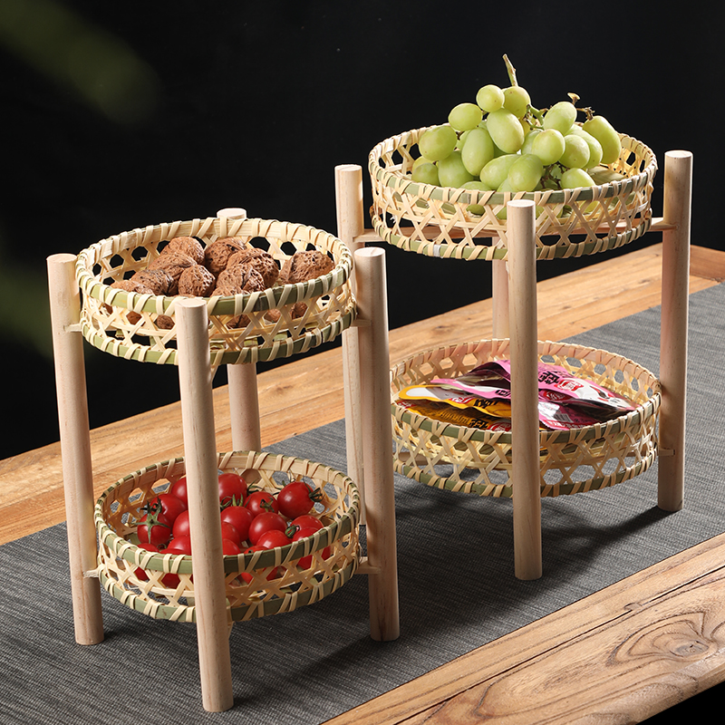 手工竹编双层水果篮家用圆形收纳筐点心篮糕点盘幼儿园装饰小篮子