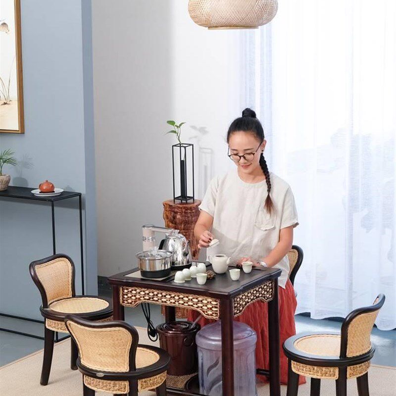 新中式阳台茶桌椅组合家用小茶台实木小户型藤编茶几烧水壶全自动
