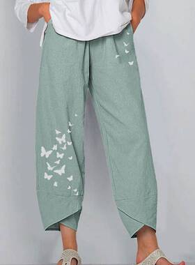 Vintage Summer Linen Pants Women Casual Harem Pants Floral P