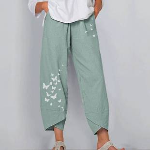 Vintage Summer Linen Pants Women Casual Harem Pants Floral P