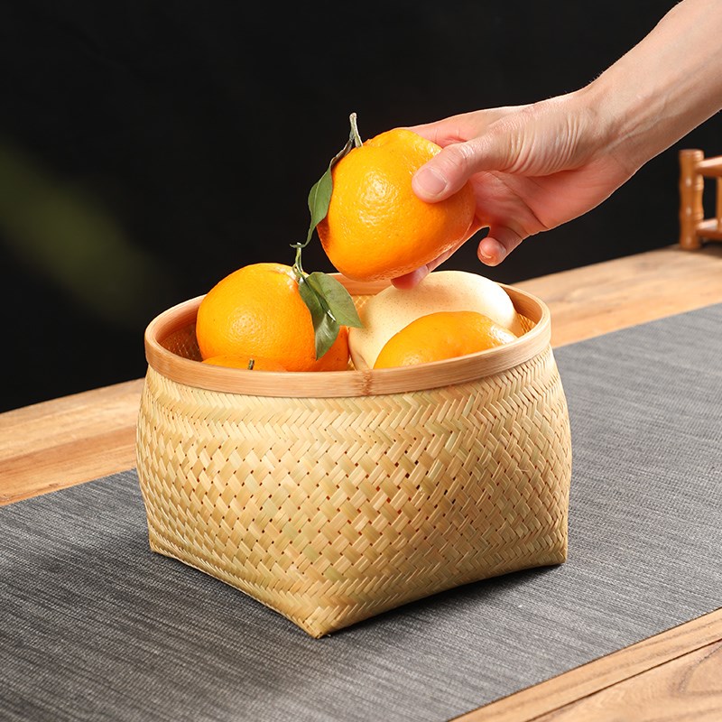 手工竹编大漆收纳筐家用圆形水果篮编织杂物筐复古天然竹筐竹篮子