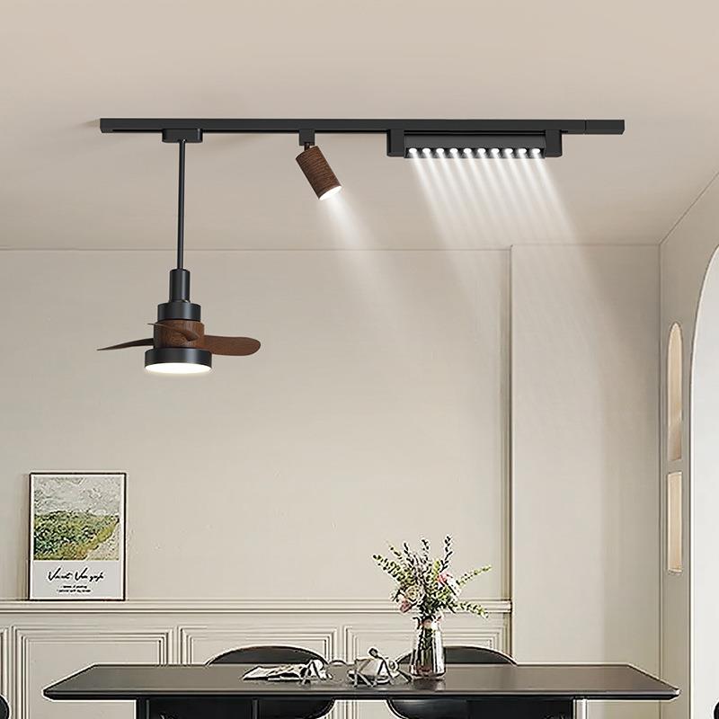 轨道风扇灯可移动中古风餐厅吊灯复古胡桃木色餐桌岛台灯吧台灯具
