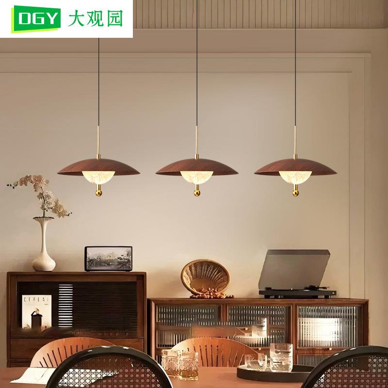 餐厅吊灯中古风法式胡桃木纹新款智能触摸感应灯吧台升降灯具669L