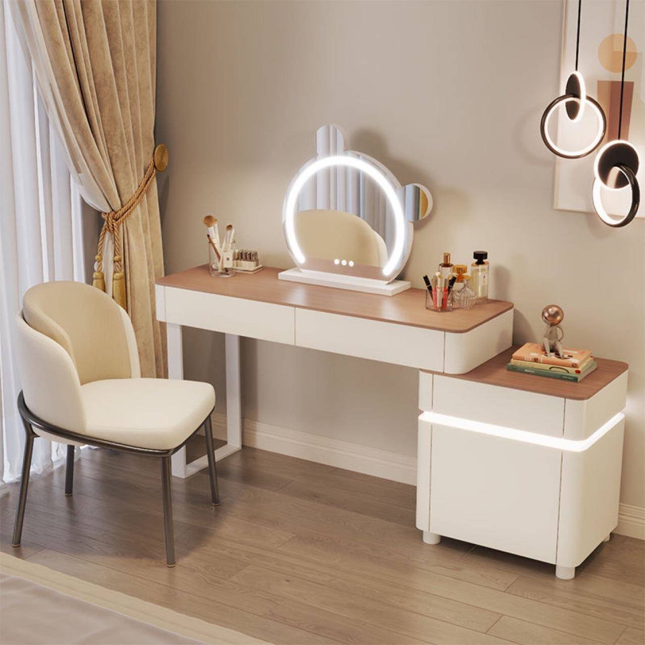 新款全实木北欧风卧室简易梳妆台自带氛围灯斗柜高级感主卧化妆桌