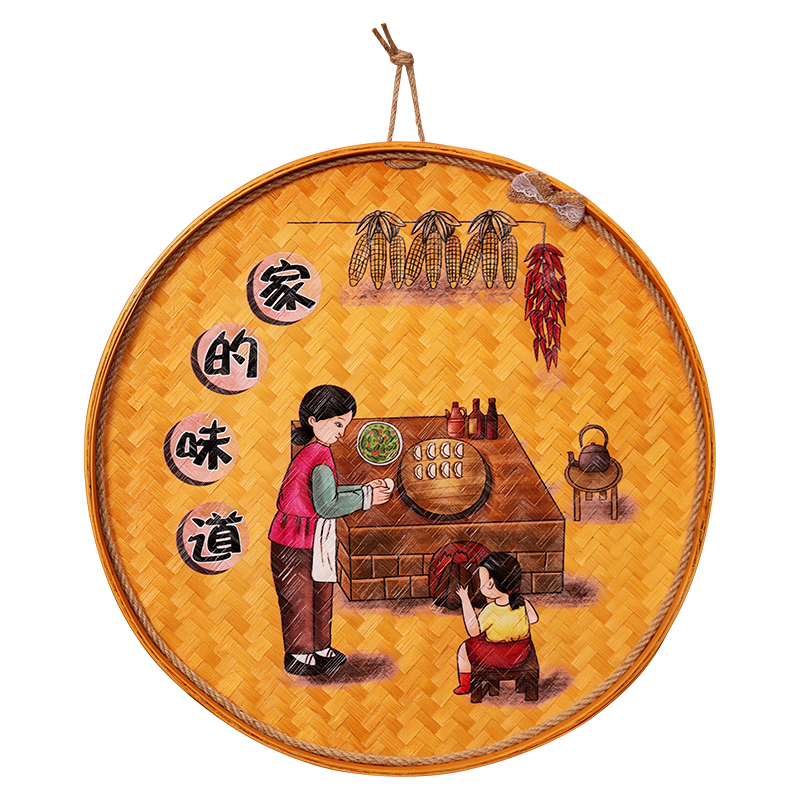 圆形竹簸箕挂饰墙壁装饰画v农家饭店烧烤餐厅酒吧墙上壁挂米筛壁图片