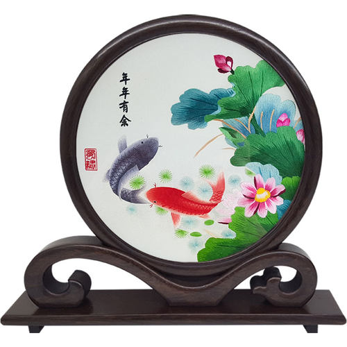 蜀绣双面绣年年有余全手工刺绣鸿C运锦鲤芙蓉鲤鱼非遗手工艺品摆