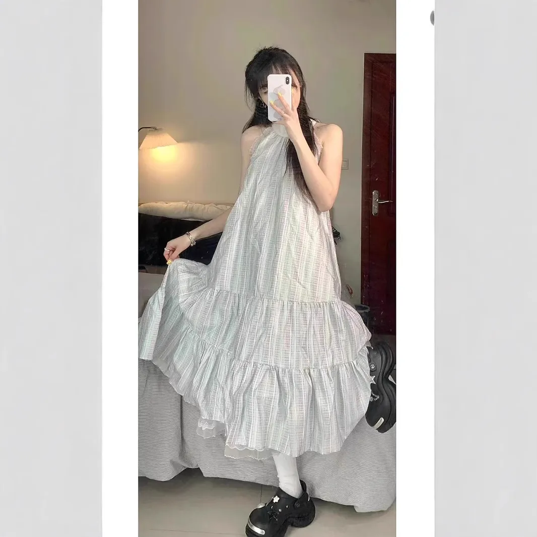 新款韩系学院宽松长裙女夏季新款无袖高腰气质过膝百搭通勤连衣裙