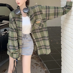 夏季 女春秋2023新款 設計感小眾襯衣外套上衣 復古綠色格子襯衫 美式