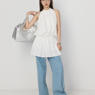 现货 高腰抽绳白色挂脖连衣裙气质短款抽褶宽松短裙夏季