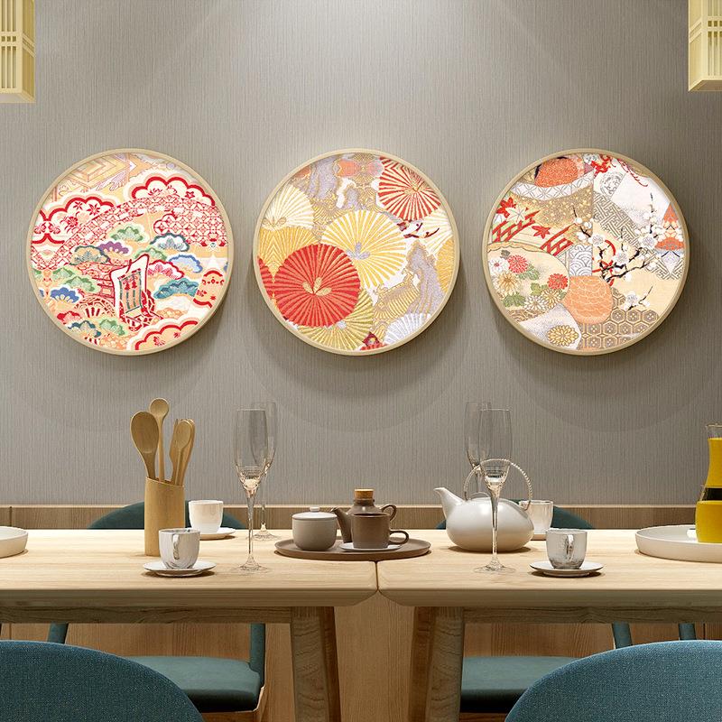 日式风格花纹挂画圆形餐厅玄关装饰画日本和风饭厅日料店墙壁画