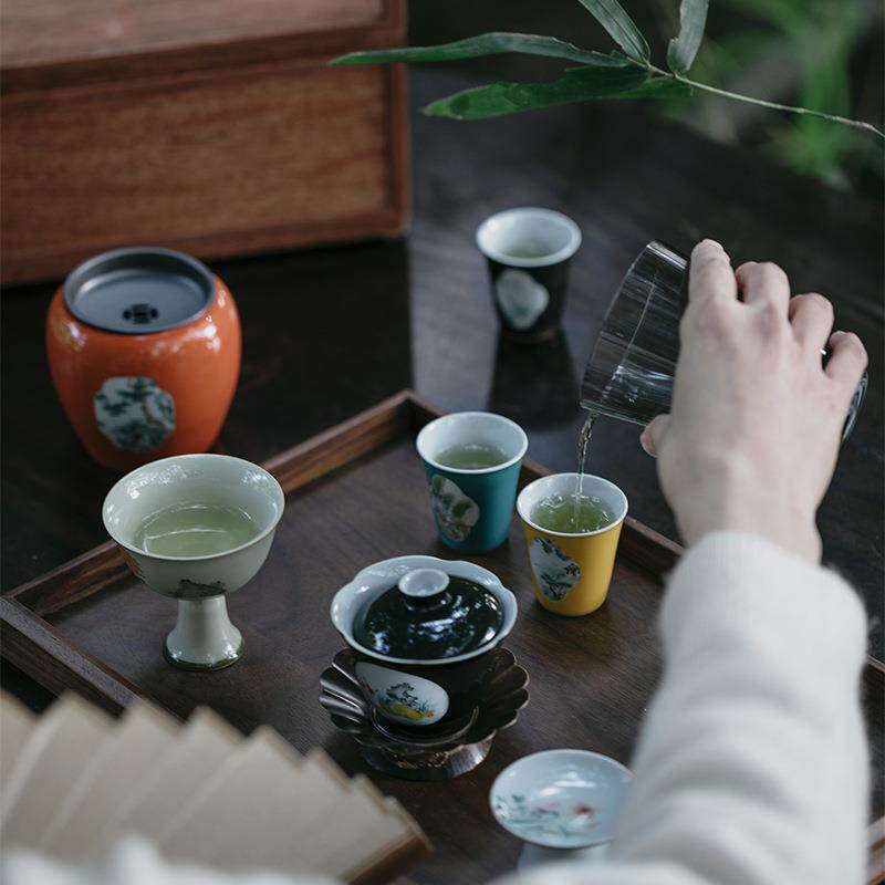 景德镇柘黄釉精工釉下开窗凉亭斜阳茶杯功夫茶具小品茗杯