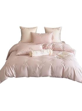 2少女心100S长绒棉四件套小清新花卉刺绣被套床单全棉1.8m床上用