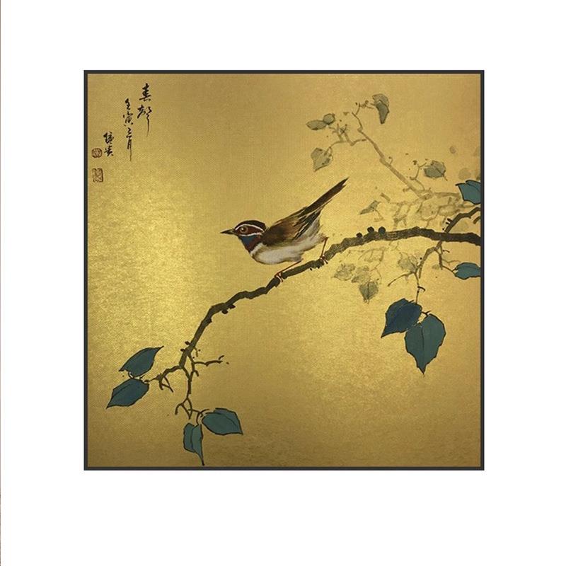 喜鹊登枝新中式金箔茶室客厅好寓意装饰画入户玄关壁画方形挂画