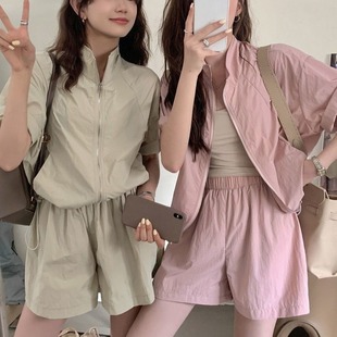 新款 女夏季 外贸清仓 高级感宽松粉色防晒衣轻薄短 休闲运动套装