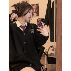 【外贸清仓】学院风v领黑色毛衣外套女秋冬新款慵懒宽松jk针织开