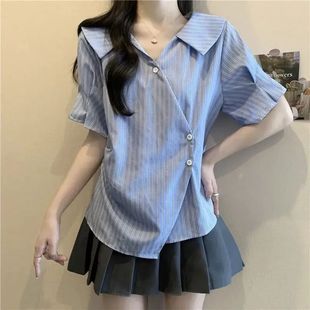 女夏季 气质V领衬衫 商场同款 高级感不规则设计压褶收腰显 法式
