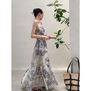 新款 吊带连衣裙女夏季 外贸清仓 设计感水墨画收 高级感气质无袖