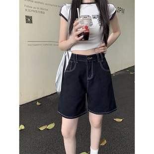 小个子宽松五分牛仔裤 女夏外穿薄款 商场同款 高腰直 黑色五分裤