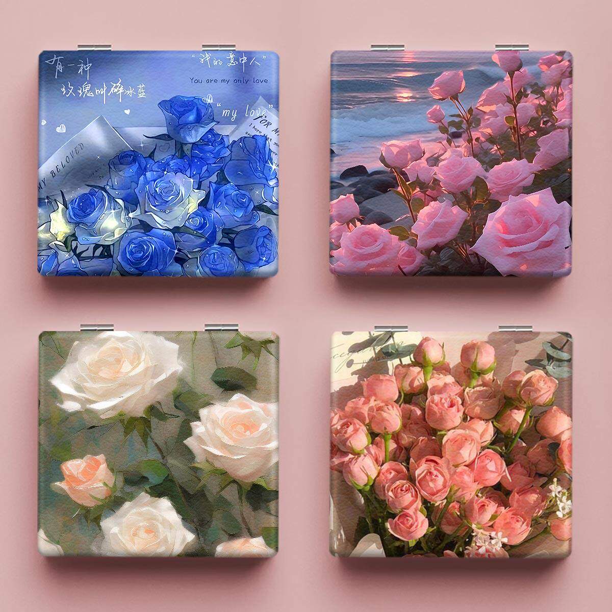 随身便携化妆镜ins风花朵可爱方形双面图折叠补妆镜子办公室宿舍