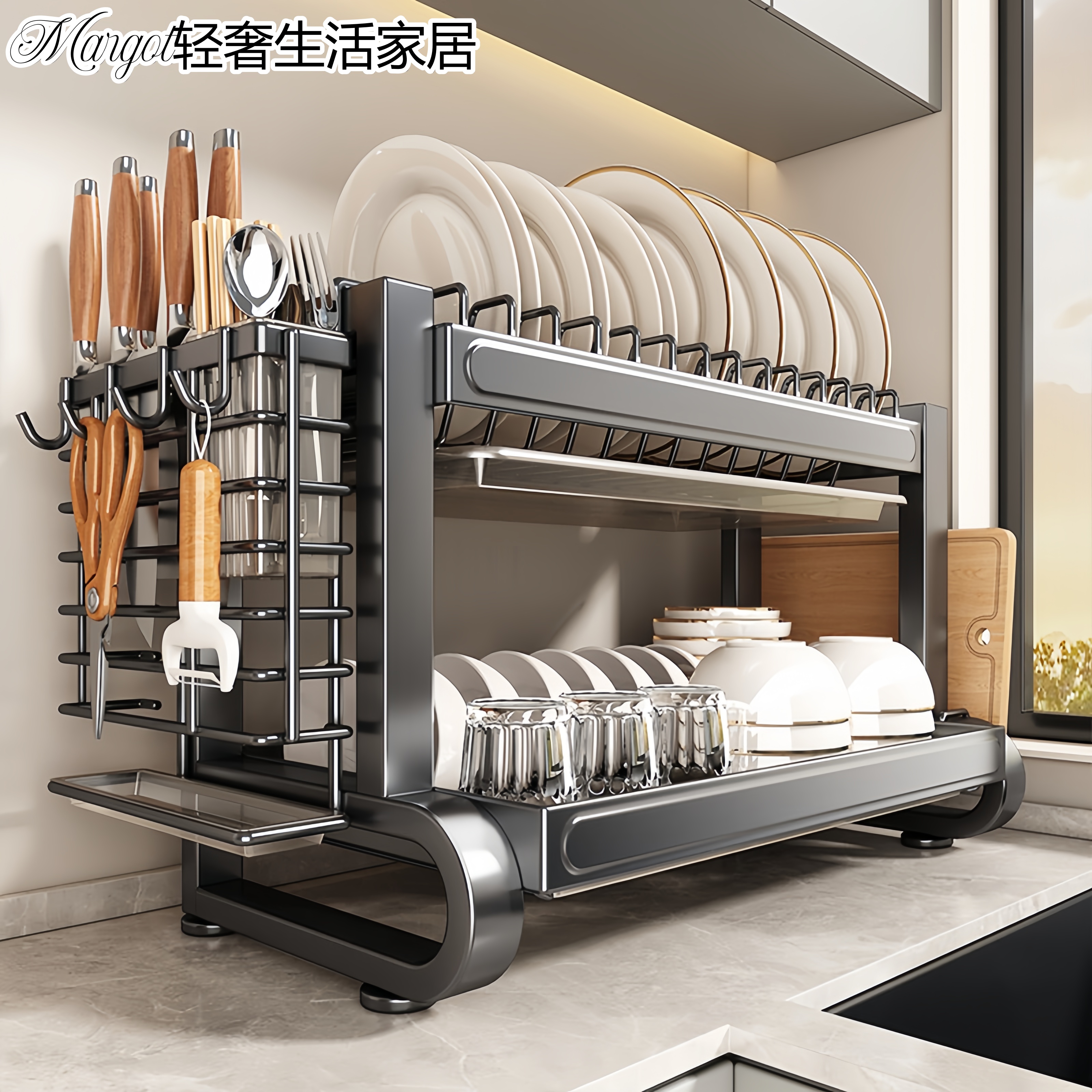 日本碗碟收纳架304不锈钢沥水架家用多层碗架厨房置物碗盘筷碗柜