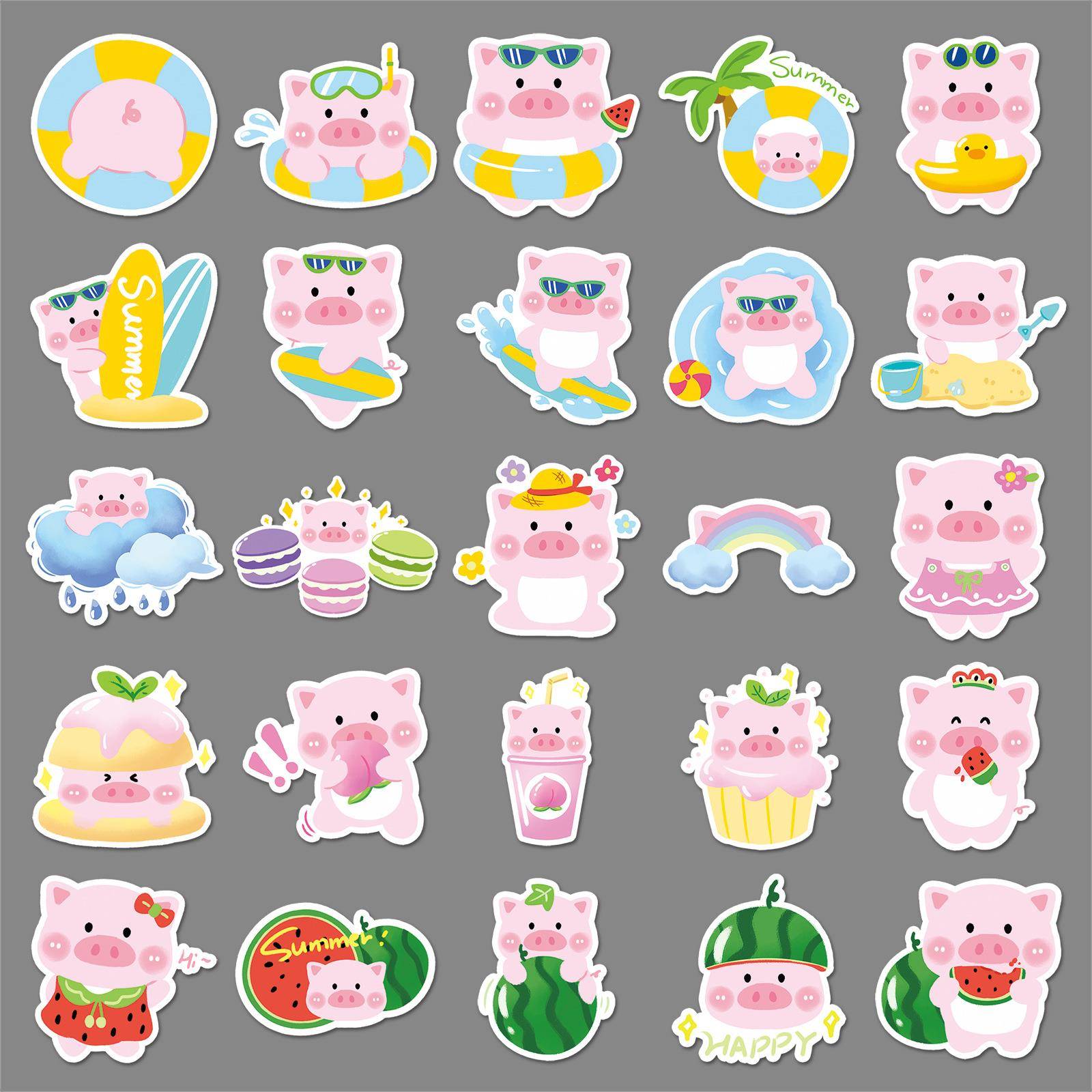 50张原创夏日猪猪涂鸦贴纸卡通手绘装饰水杯手机壳咕卡贴纸