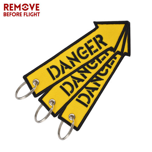 亚马逊箭头状摩托车汽车钥匙扣黄底黑字刺绣Danger钥匙扣礼品挂饰