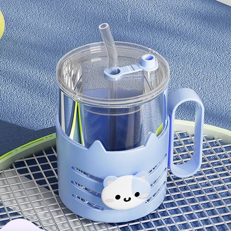 带把手双层玻璃杯卡通印花吸管杯可爱早餐杯礼物水杯牛奶吸管杯子