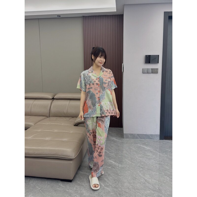 夏季减龄印花短袖长裤女睡衣套装