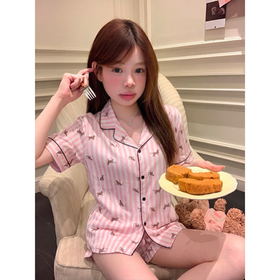 韩系甜美条纹豹子可外穿睡衣套装