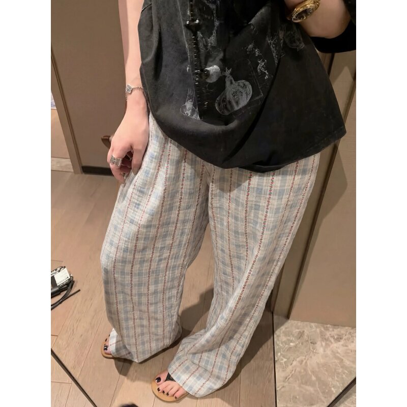 夏季韩系慵懒碎花格纹高腰睡裤女