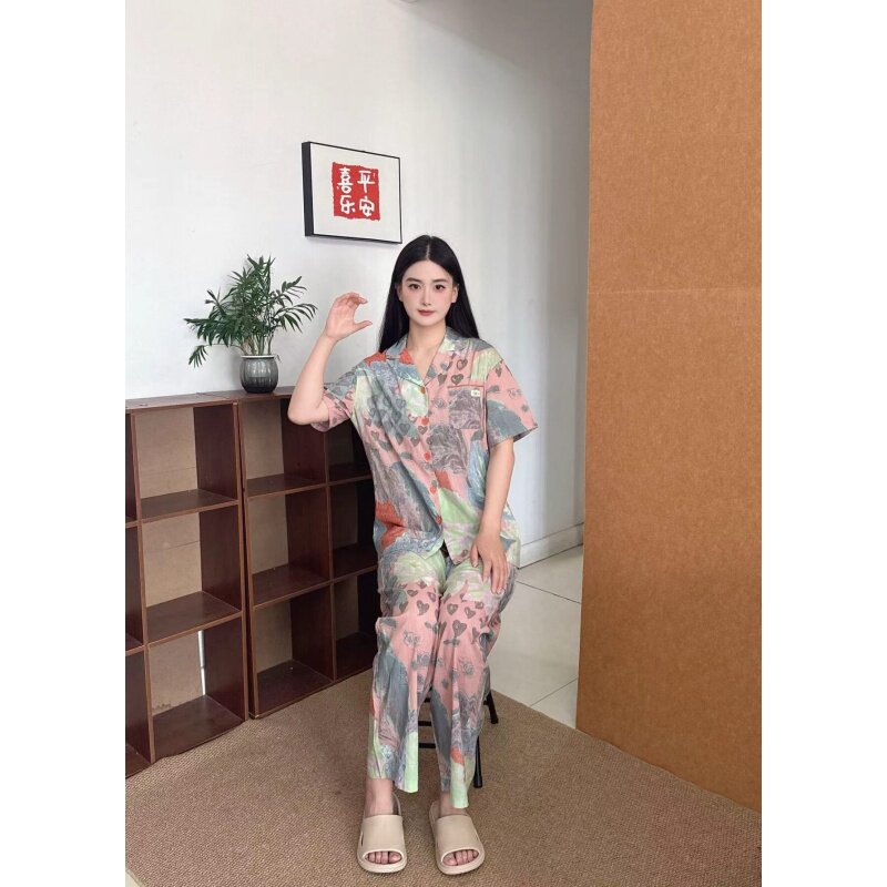夏季薄款印花女士睡衣家居服套装