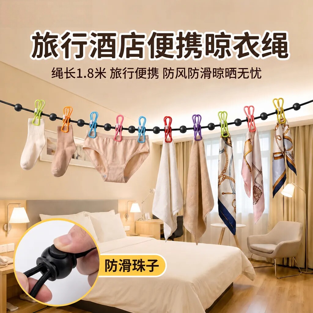 旅行晾衣神器便携式酒店晾衣绳旅游出差挂衣绳带夹子晾晒衣服绳子